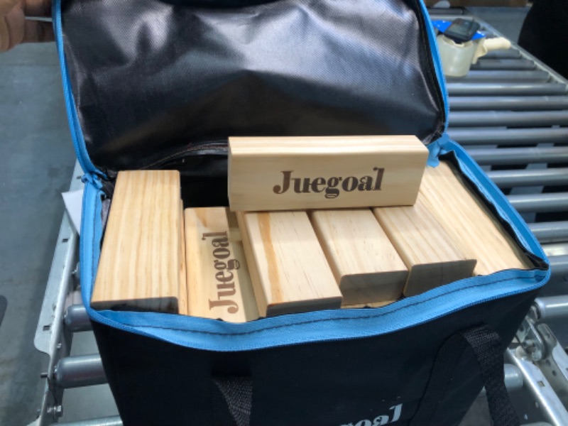 Photo 1 of Juegoal 54 Pieces Giant Tumble Tower Blocks Game Giant Wood Stacking Game with 1 Dice Set Canvas Bag for Adult, Kids, Family Large Wood Color