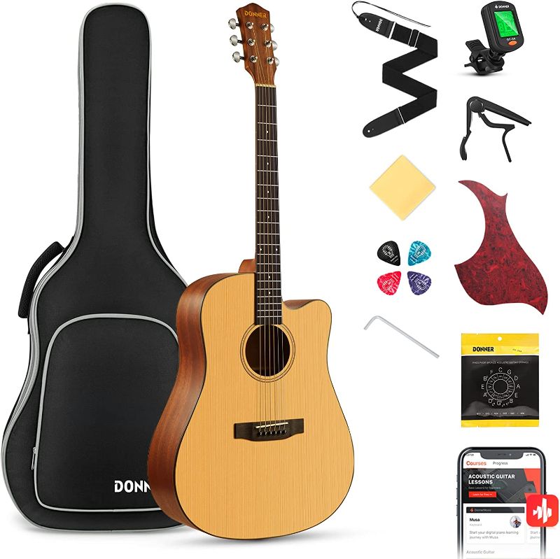 Photo 1 of 
Donner Acoustic Guitar Kit for Beginner Adult Teen Full Size Cutaway Acustica Guitarra Starter Bundle Set with Bag Strap Tuner Capo Pickguard Pick, Right..