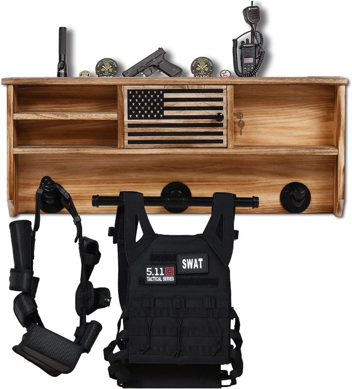 Photo 1 of  Wall Mounted Tactical Duty Gear Rack with Gun Storage Box – Thin Blue Line Flag Police Storage Shelf & Law Enforcement Organizer-Police Gift Decor