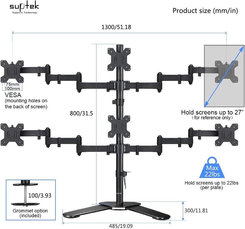 Photo 1 of Suptek Hex LED LCD Monitor Stand up Free-Standing Desk Stand Extra Tall 31.5" Pole Heavy Duty Fully Adjustable Mount for 6 / Six Screens up to 27 inch (ML68126)