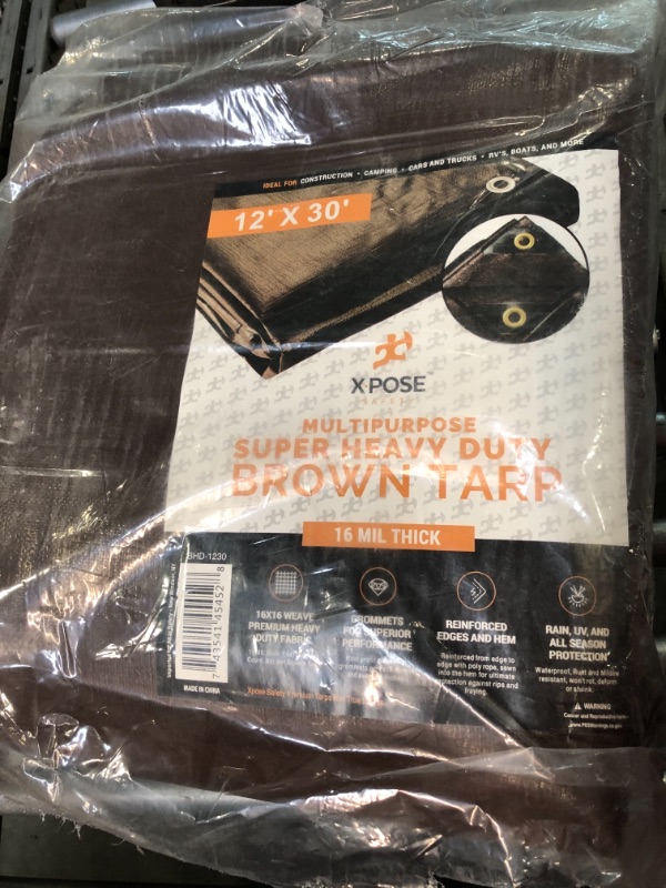 Photo 4 of 12' x 30' Super Heavy Duty 16 Mil Brown Poly Tarp Cover - Thick Waterproof, UV Resistant, Rip and Tear Proof Tarpaulin with Grommets and Reinforced Edges - by Xpose Safety