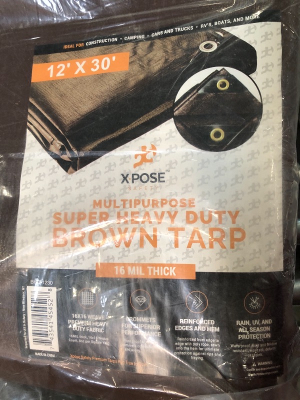 Photo 3 of 12' x 30' Super Heavy Duty 16 Mil Brown Poly Tarp Cover - Thick Waterproof, UV Resistant, Rip and Tear Proof Tarpaulin with Grommets and Reinforced Edges - by Xpose Safety
