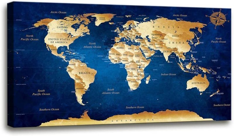 Photo 1 of Wall Art blue map of the world Painting Ready to Hang -20" x 40" Pieces Large Framed wall art world Map Canvas Art Map wall decorations Artwork Prints for Background For Home Office Decoration