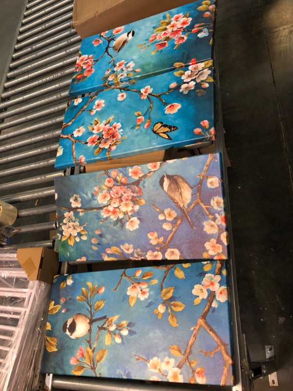 Photo 1 of Biuteawal - 4 Piece Birds and Flowers Wall Art Birds on Blossom Tree Pictures Painting on Canvas Blue Turquoise Canvas Prints Artwork for Home Kitchen Living Room Decor Ready to Hang
