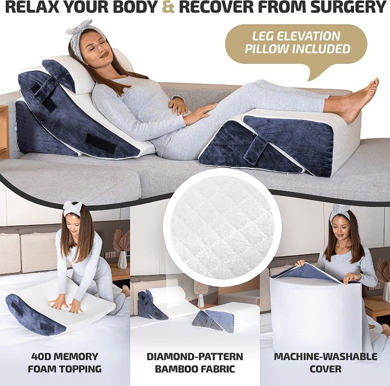 Photo 1 of 6 Pcs Adjustable Relaxing System w/Leg Elevation Pillow - Perfect Orthopedic Pillow Set for After Surgery - Memory Foam Bed Wedge Pillows for Back Support (Navy Blue)