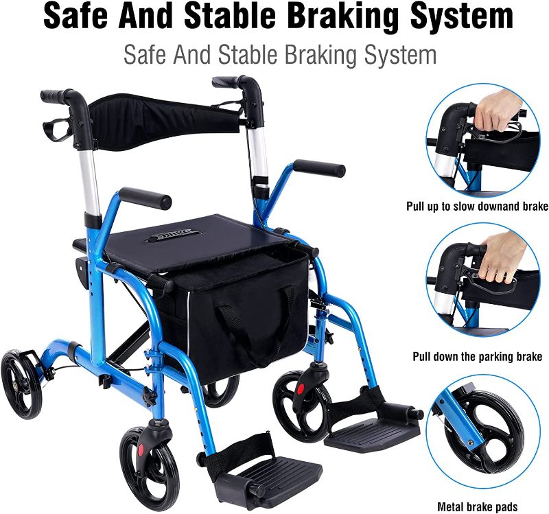 Photo 1 of 2 in 1 Rollator Walkers for Seniors with Padded Seat- Medical Transport Chair Walker with Adjustable Handle and Reversible Backrest (Blue)
