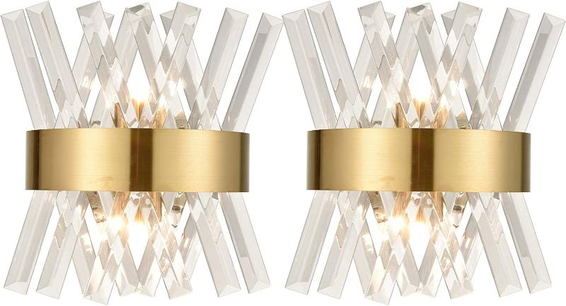 Photo 1 of AXILAND Mid-Century Modern 2-Light Gold Crystal Wall Sconce Set of Two with Glass Rods Brass Finish for Bathroom Hallway entryway Living Room