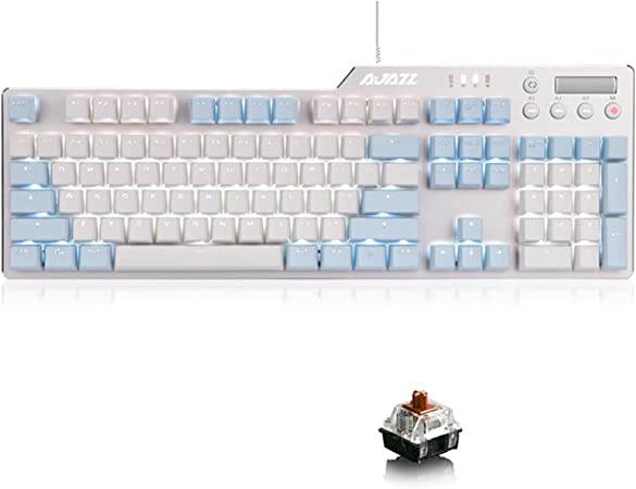 Photo 1 of AK35i Mechanical Gaming Keyboard, 104 Keys and 6 Media Keys Anti-Ghosting, 2 Colors Keycap, Hot-swappable Switch, Elegant White Backlight, Aluminum Panel (Blue&White, Brown Switch)