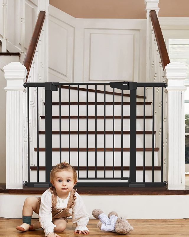 Photo 1 of Mom's Choice Awards Winner-Cumbor 29.7-46" Auto Close Baby Gate for Stairs, Easy Install Pressure/Hardware Mounted Dog Gates for The House Indoor, Easy Walk Thru Wide Safety Pet Gates for Dogs, Black