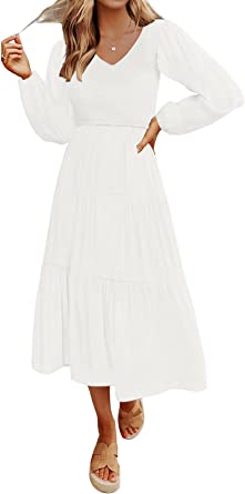 Photo 1 of MEROKEETY Women's 2023 Casual Long Sleeve Smocked Dress V Neck High Waist Ruffle Tiered Midi Dresses