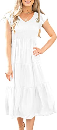 Photo 1 of LOGENE Womens V Neck Flutter Sleeve Smocked Elastic Waist Tiered Midi Dress Summer Sun Dresses with Pockets