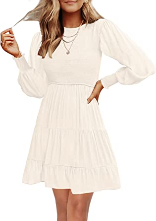 Photo 4 of MEROKEETY Women's 2023 Casual Long Sleeve Smocked Crew Neck Elastic Waist Flowy Tiered Mini Dress
