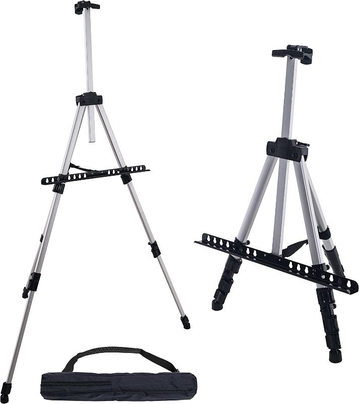 Photo 1 of 
U.S. Art Supply 66" Sturdy Silver Aluminum Tripod Artist Field and Display Easel Stand - Adjustable Height 18" to 5.5 Feet, Holds 36" Canvas -..