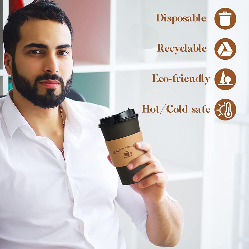 Photo 1 of 16 oz Paper Coffee Cups, Drinking Cups for Cold/Hot Coffee Chocolate Drinks, Disposable Coffee Cups with Lids, Sleeves and Stirring Sticks, Black Hot Coffee Cups for Home, Stores and Cafes.