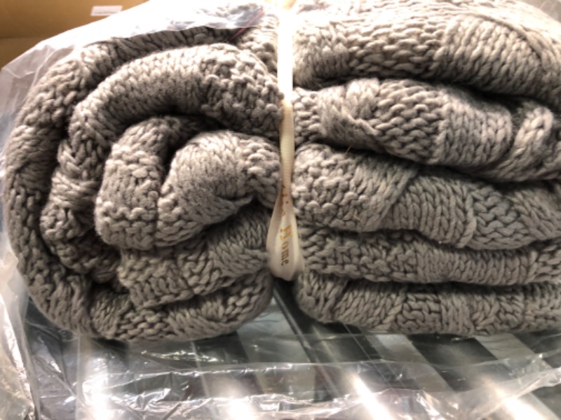 Photo 4 of Amélie Home Cable Knit Sherpa Throw Blanket, Reversible Thick Fall Winter Farmhouse Throw Blankets with Chunky Knitted Soft Fuzzy Fleece, Large Rustic Warm Blanket for Couch, Bed, Grey, 50" x 70" Grey 50" x 70"