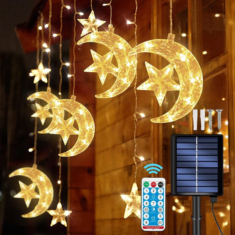 Photo 1 of Dazzle Bright LED Star Moon Solar Lights Outdoor, 8 Modes, Solar Powered Waterproof Ramadan Window Curtain Light with Star Moon Remote Control for Holiday Decorations