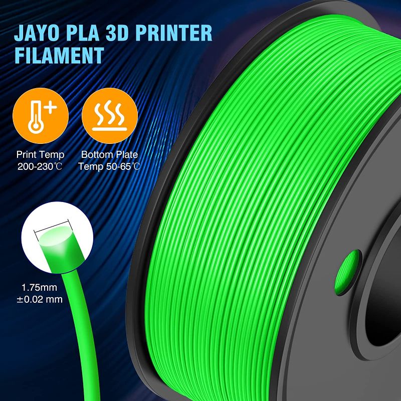 Photo 1 of JAYO PLA Filament 1.75mm, Upgraded PLA Meta 3D Printer Filament 0.65KG, Diameter 1.75mm ± 0.02mm High Fluidity Fast Print 3D Printing Consumables, 1.4LBS GREEN 3D Filament