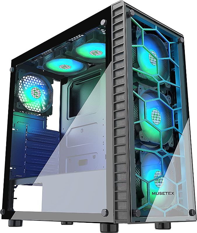 Photo 1 of MUSETEX 6pcs ARGB Fans Pre-Installed, USB 3.0 Tempered Glass ATX Mid-Tower Chassis Gaming PC Case Cable Management/Airflow Gaming Style ATX/Micro ATX/ITX...