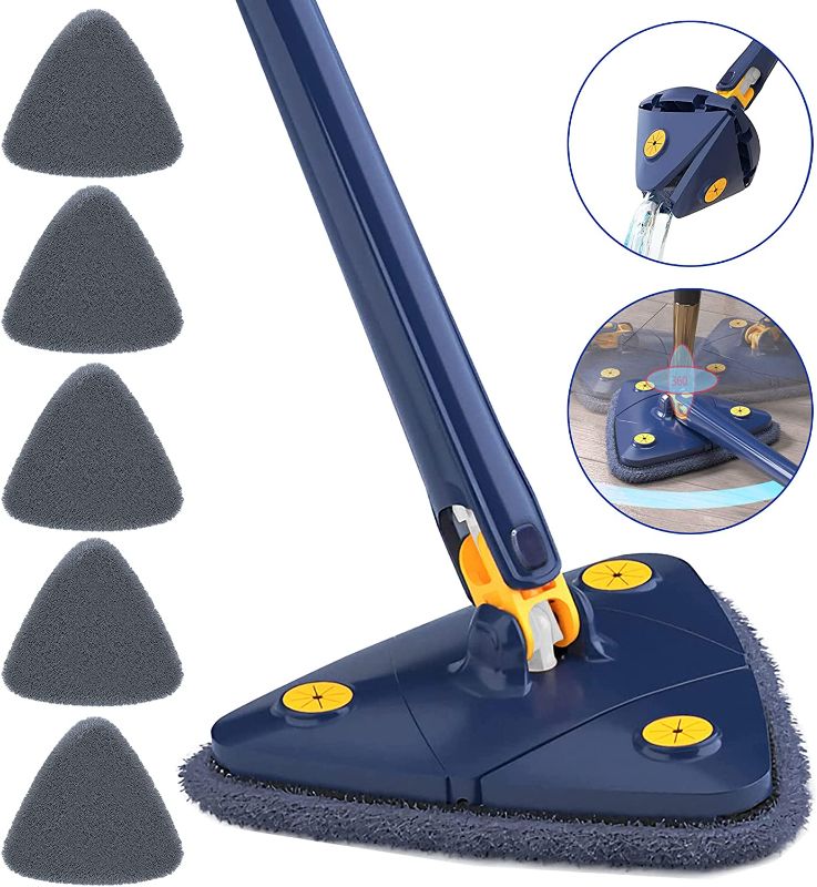 Photo 1 of 360° Rotatable Adjustable Cleaning Mop, Extendable Triangle Mop 360° Rotatable Imitation Hand Twist Quick Dry Mop Automatic Water Squeezing Mop for Floor/Ceiling/Wall (Blue-with 5 Mop Heads)
