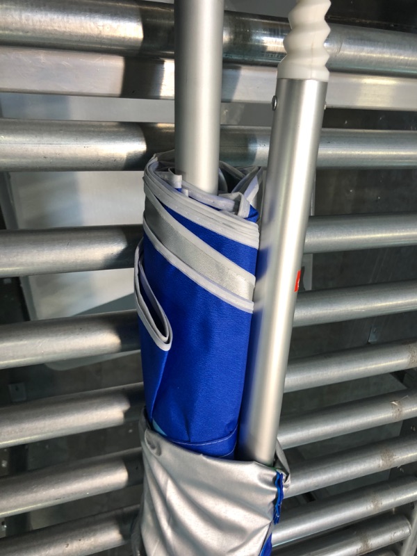 Photo 1 of Beach Umbrella for Sand Wind Portable: 7FT Arc Length 6.5FT Diameter Heavy Duty Wind Resistant Striped Large Umbrellas UV 50+ Parasol with Anchor Screw Adjustable Height Tilting Pole 8 Ribs Carry Bag Lightweight 1-Blue Stripe