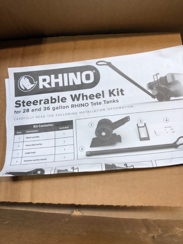 Photo 4 of Camco Rhino Steerable Wheel Kit for 28 and 36-Gallon Rhino Tote Tanks | Features No-Flat Front Steerable Wheels, 24-inch Tow Bar, Wheel Assembly, Ladder Hook, and More (39011)