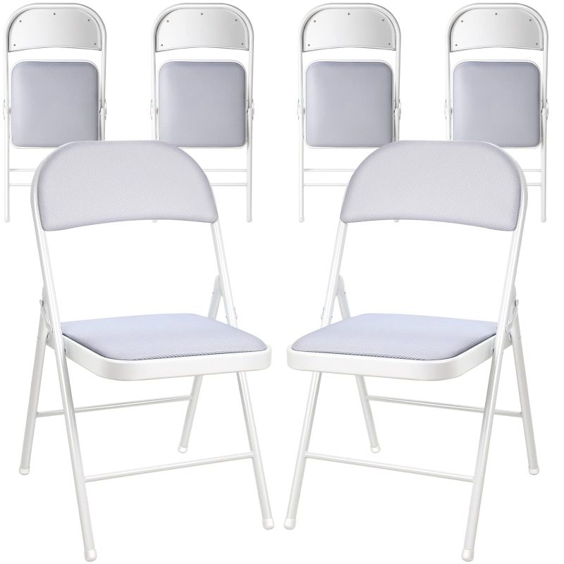 Photo 1 of 6 Pack Folding Chair Fabric Padded Metal Folding Chair Indoor Outdoor Foldable Chairs Card Table Chairs Metal Armless Chairs with Non-Slip Feet for Commercial Meeting Wedding Party Event WHITE