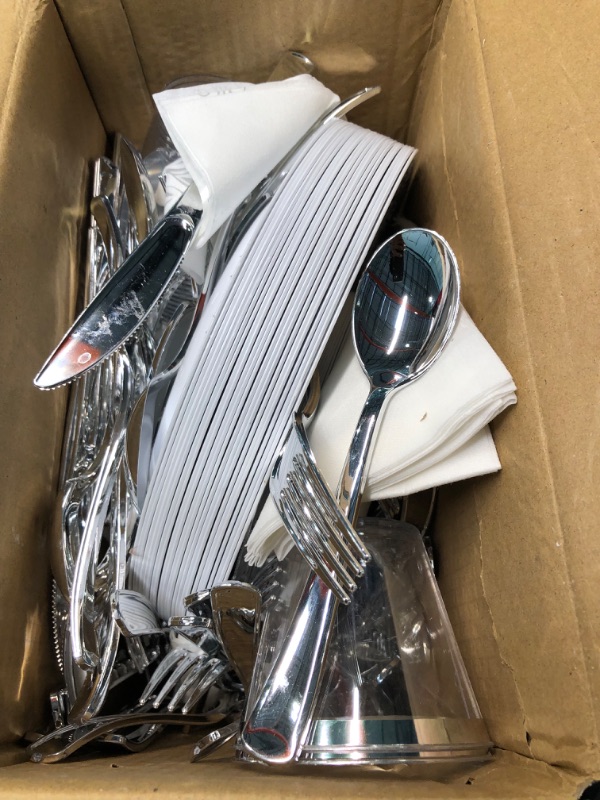 Photo 3 of 210 Pieces Plastic Dinnerware, Silver Disposable Plates, Includes: 30 Dinner Plates 30 Dessert Plates &30 Cups &30 Linen Like Silver Paper Napkins & 30 Plastic Silverware Set, Plastic Dinner Plates