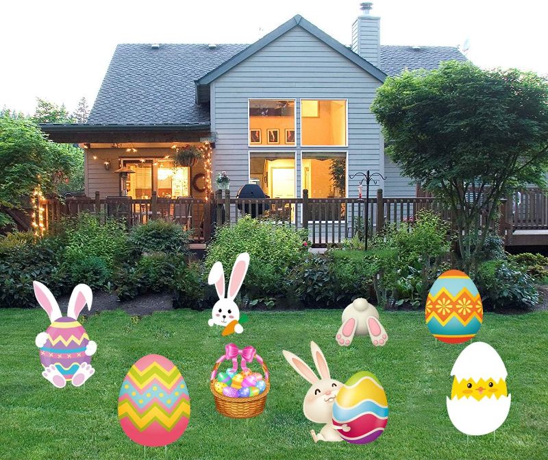Photo 1 of Easter Yard Signs Decorations Outdoor, 8 Pack Large Happy Easter Yard Stakes, Bunny, Egg, Chick, Lawn Decor Yard Signs with Stakes for Easter Garden Hunt Game, Easter Party Supplies Props