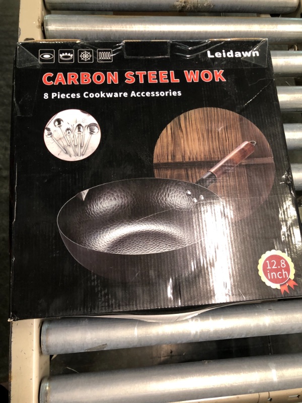 Photo 2 of 12.8"Carbon Steel Wok - 11Pcs Woks and Stir Fry Pans with Wooden Handle and Lid,10 Cookware Accessories,For Electric,Induction and Gas Stoves