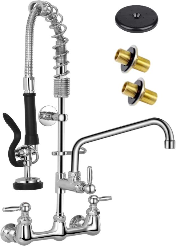 Photo 1 of 
8 inch Center Wall Mount Commercial Kitchen Sink Faucet with Sprayer, 26'' Height with Pull Down Pre-Rinse Sprayer with 12" spout for 2-3...