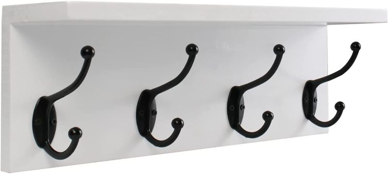 Photo 1 of 
 Wall Mounted Pine Wood Coat Rack with Shelf and 4 Heavy Duty Two-Prong Hooks for Entryway, Kitchen, Bathroom, Bedroom, Laundry 