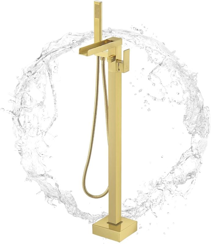 Photo 1 of 
KALOG Waterfall Model Single Handle Freestanding Tub Filler Floor Mount Bathtub Faucet with Square Handheld Shower (Brushed Gold-D)
Color:Brushed Gold-D
