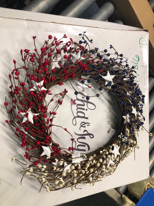 Photo 1 of  4th of July Wreath,20in America Patriotic Wreath Red White Blue Berry Wreath for 4th of July Decor and Independence Day Celebration