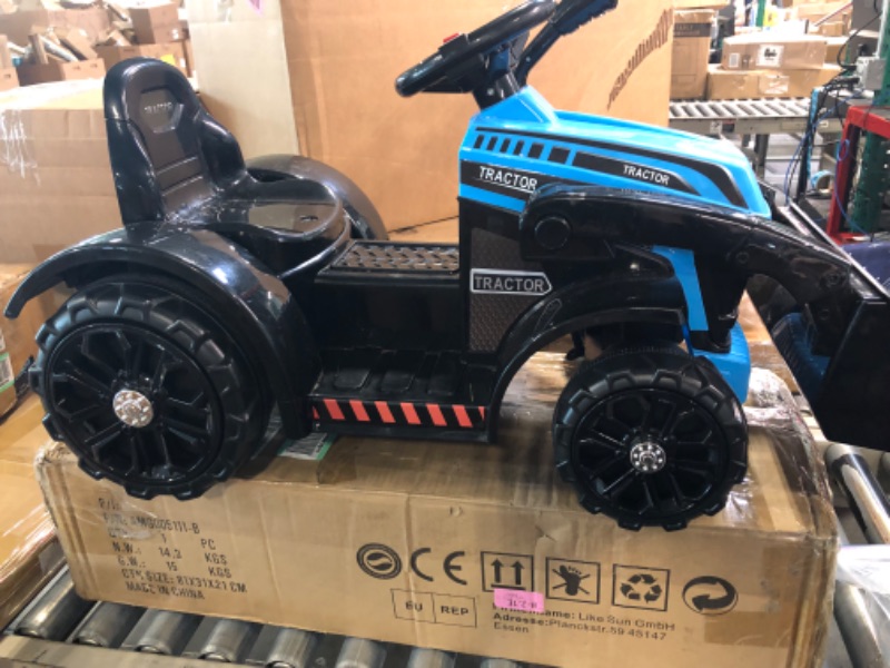 Photo 1 of Kids Ride on Tractor with Trailer Battery Powered Motorized Electric Car for Kids Ages 3-6, with Detachable Trailer, 2.4G Remote Control, Exhaust Pipe & Bright Headlight, Blue