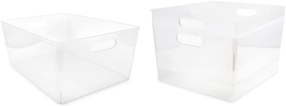 Photo 1 of 
 3-Pack XL Clear Storage Bins (12” L x 11.1” W x 7” H) with Cutout Handles, Plastic Organizer for Home, Office, Kitchen, Fridge/Freezer, Drawers...
Package Quantity:3
