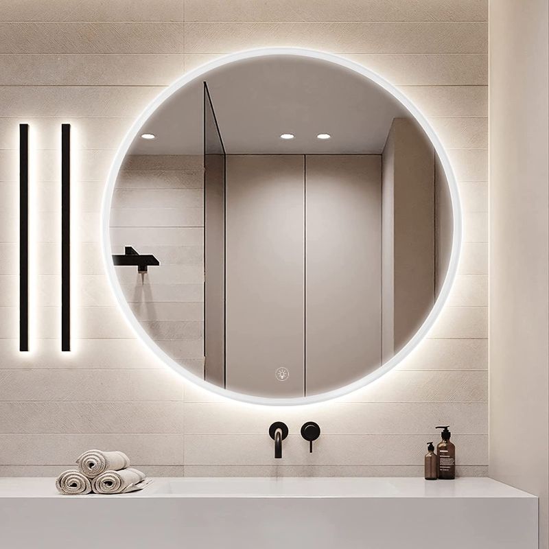 Photo 1 of 
Gamzi Densik 24 Inch LED Round Mirror, Circle Bathroom Vanity Makeup Mirror with Lights, Premium Acrylic Frame, Dimmable Design, Memory Touch Switch
Size:24 Inch Anti-Fog+Dimmable+Belt