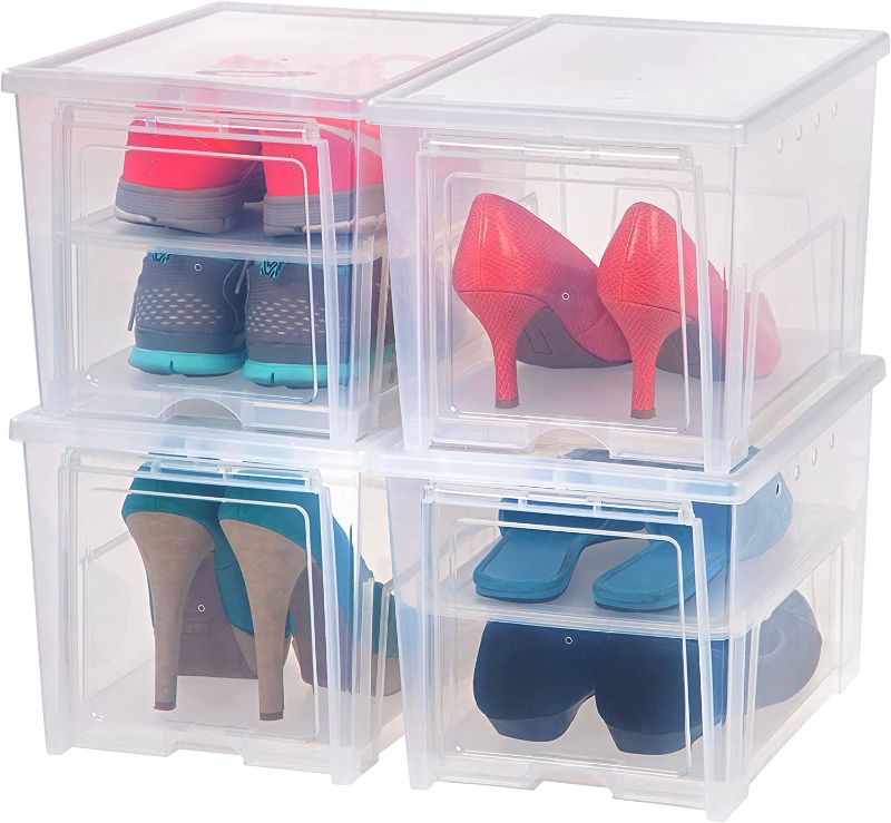 Photo 1 of 4 Pack Shoe Storage Box, Clear Plastic Stackable Shoe Organizers for Closet, Space Saving Drop Front Sneaker Containers, 