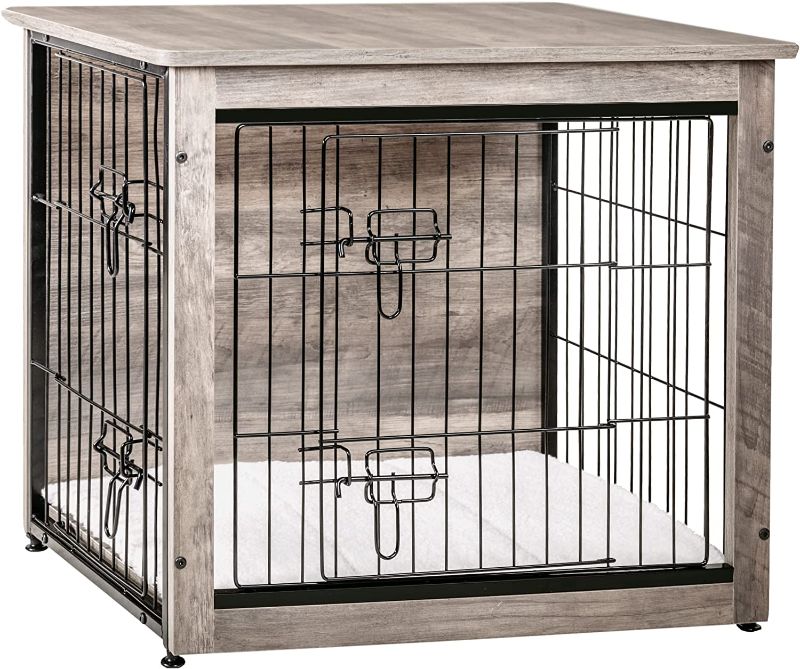 Photo 1 of DWANTON Dog Crate Furniture with Cushion, Medium Wooden Dog Crate with Double Doors, Dog Furniture, Indoor Dog Kennel, End Table, Dark Grey