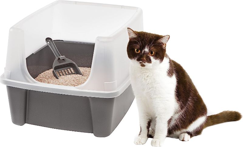 Photo 1 of 
  Cat Litter Box, Open Top Kitty Litter Box with Scatter Shield and Scoop, Gray
Color:Gray