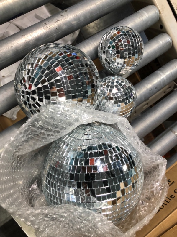 Photo 3 of 4 Pack Large Disco Ball Silver Hanging Disco Balls Reflective Mirror Ball Ornament for Party Holiday Wedding Dance and Music Festivals Decor Club Stage Props DJ Decoration (8 Inch, 6 Inch, 4 Inch)