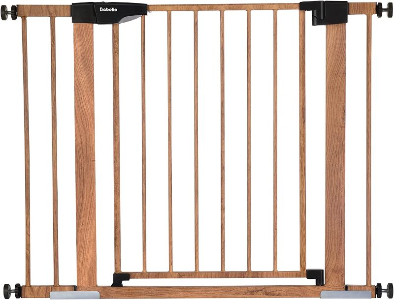 Photo 1 of Babelio Metal Baby Gate with brown Wood Pattern, 29-40" Easy Install Pressure Mounted Dog Gate, No Drilling, No Tools Required, Ideal for Stairs and Doorways, with Wall Protectors and Extenders brown wood Wood Pattern 29-40 Inch (Pack of 1)
