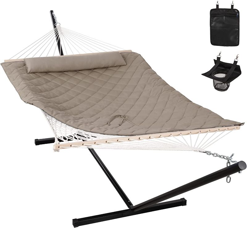Photo 1 of ANOW 2 Person Hammock with Spreader Bars and Detachable Pillow, Quilted Hammock for Outdoors Indoors, 450 LBS Weight Capacity, Gray Grey