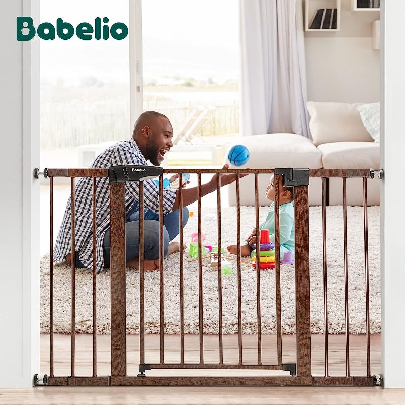 Photo 1 of Mom's Choice Award Winner-BABELIO Metal Baby Gate with Wood Pattern, 29-40" Easy Install Pressure Mounted Dog Gate, Ideal for Stairs and Doorways