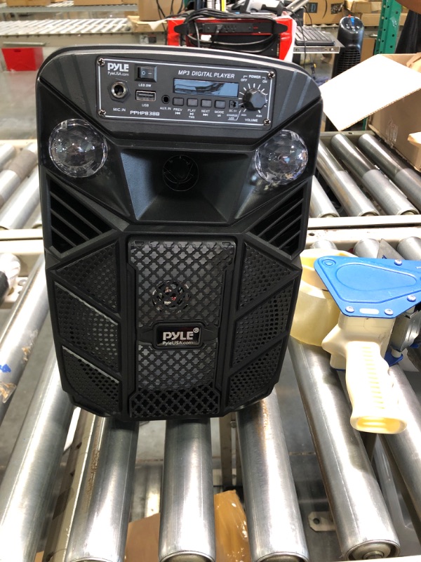 Photo 2 of Portable Bluetooth PA Speaker System - 300W Rechargeable Outdoor Bluetooth Speaker Portable PA System w/ 8” Subwoofer 1” Tweeter, Microphone in, MP3/USB, Radio, Remote - Pyle PPHP838B, Black