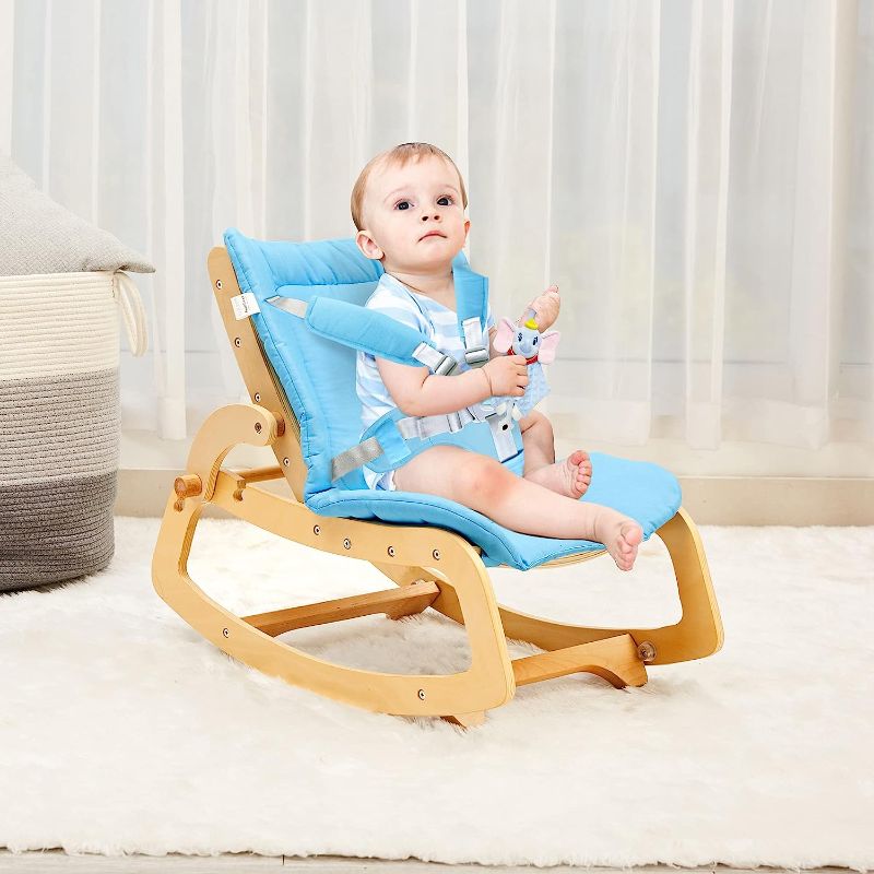 Photo 1 of MallBest 3-in-1 Baby Bouncer Adjustable Wooden Rocker Chair Recliner with Removable Cushion and Seat Belt for Infant to Toddler (Blue)