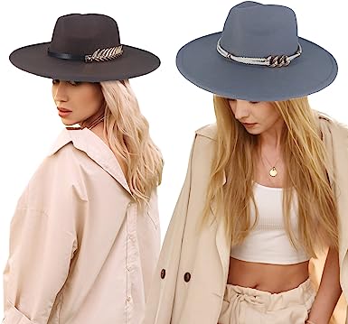 Photo 1 of 2 Pack Wide Brim Fedora Hats for Women Men, Stylish Felt Fedora Hats for Women Fedora Hats with Belt Felt Panama Hat
