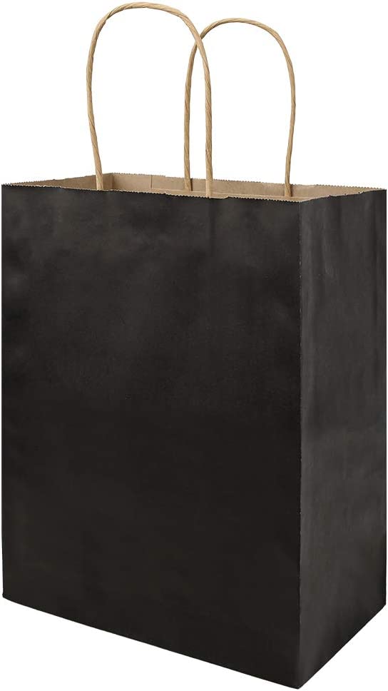 Photo 1 of bagmad 100 Pack Medium 5.25 X 3.75 8inch Black Kraft Paper Bags with Handles Bulk, Gift Bags, Craft Grocery Shopping Retail Party Favors Wedding Bags Sacks (Black, 100pcs)
