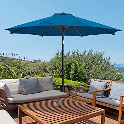 Photo 1 of wikiwiki Olefin 7.5/9/10 FT Market Umbrella Patio Outdoor Table Umbrellas with 3-Year Nonfading Olefin Canopy and Push Button Tilt for Garden, Lawn, Backyard & Pool BLUE 7.5 FT