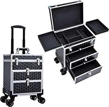 Photo 1 of FRENESSA Professional Rolling Makeup Case Aluminum Trolley Train Case with 360° Swivel Wheels for Makuep Artist Travel Cosmetic Organizer with Sliding Drawers for Nail Tech Hairstylist Barber, Black