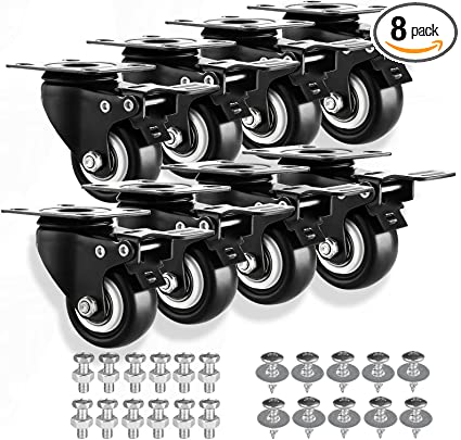 Photo 1 of 1.5" Casters Set of 8 Heavy-duty Industrial Caster Wheels with Brake PU No Noise Wheels with Double Locking and Double Ball Bearing Swivel Locking Casters for Workbench, Furniture, Plate Castors Black